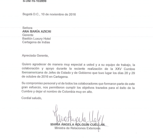 Carta de la canciller de Colombia al Hotel Bastion 